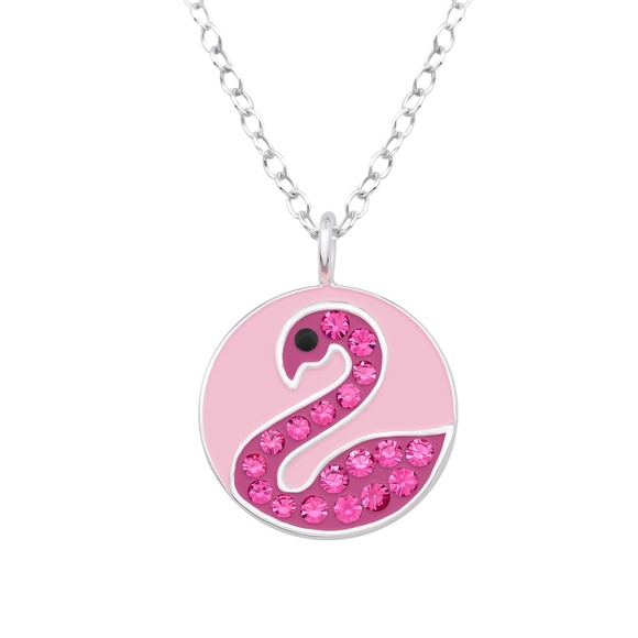 Sterling Silver Flamingo Pendant Necklace – Pink Crystals & Enamel Circle Charm - Picture 1 of 1